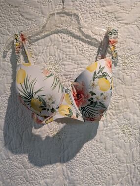 Floral Lemon Printed Bikini Top - White Yellow Pink Green